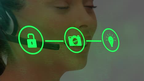 Network-of-connection-icons-against-woman-talking-on-phone-headset