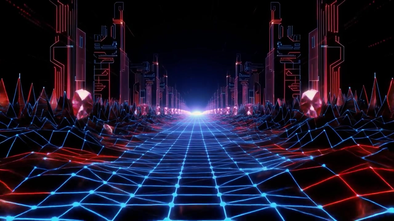 Futuristic Digital Landscape with Glowing Neon Grid and Cyberpunk Structures