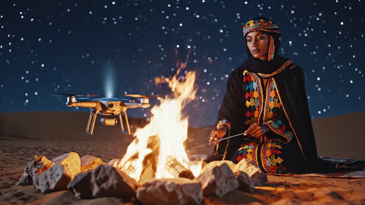 Woman using drone technology in the desert at night