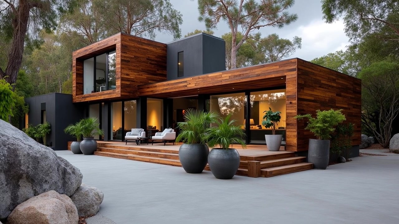 Moderna casa de lujo de dos pisos con fachada de madera y grandes ventanales de cristal al anochecer.
