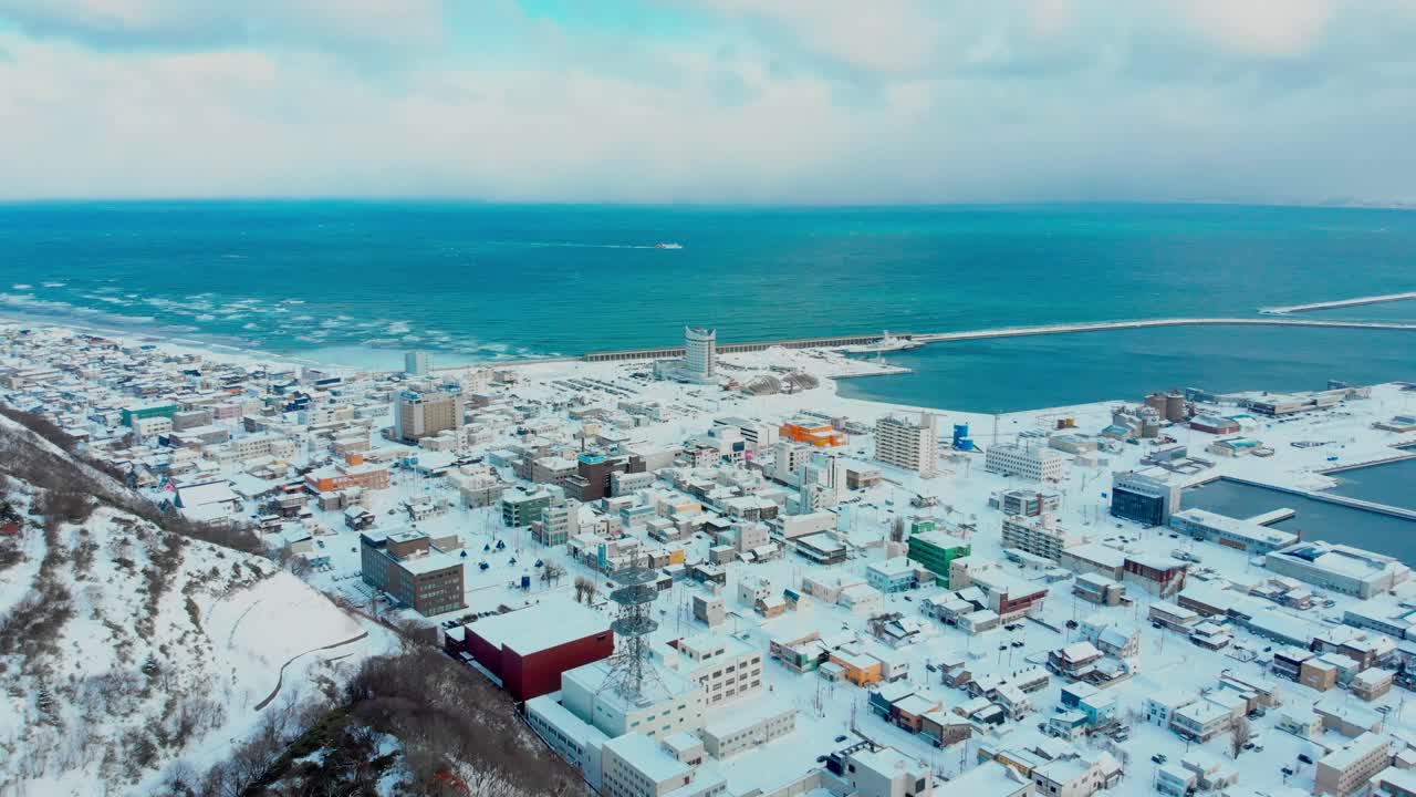 Wakkanai in winter under a blanket of snow and a blue ocean