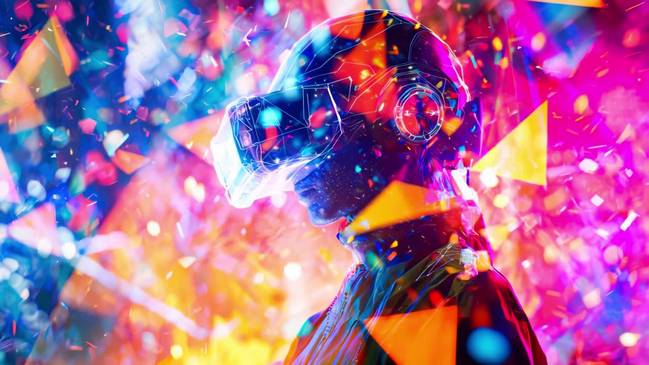 A futuristic figure immersed in vibrant, swirling colors and light patterns, wearing an advanced virtual reality headset, embodying the essence of technology and digital exploration