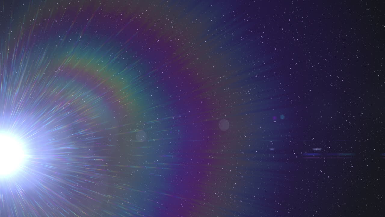 mancha blanca de luz y el destello de la lente del arco iris se mueven en el cielo nocturno