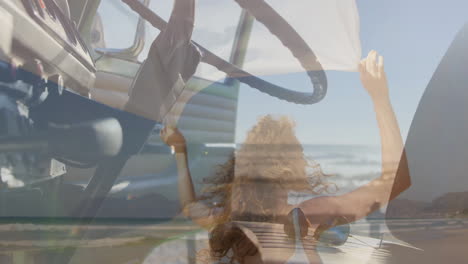feeling beach breeze, woman in car with steering wheel, animation of waves