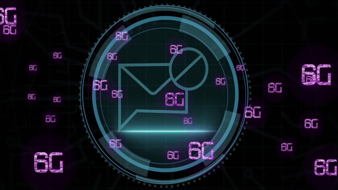 Animation of cyber security and email in circle over 6g on black background