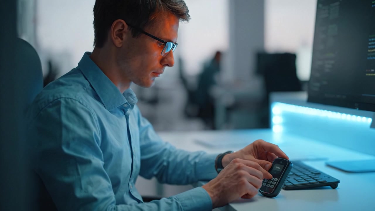 Professionista concentrato che lavora al computer in un moderno ambiente d'ufficio, impegnato in un compito dettagliato, utilizzando tecnologia avanzata con concentrazione e determinazione.