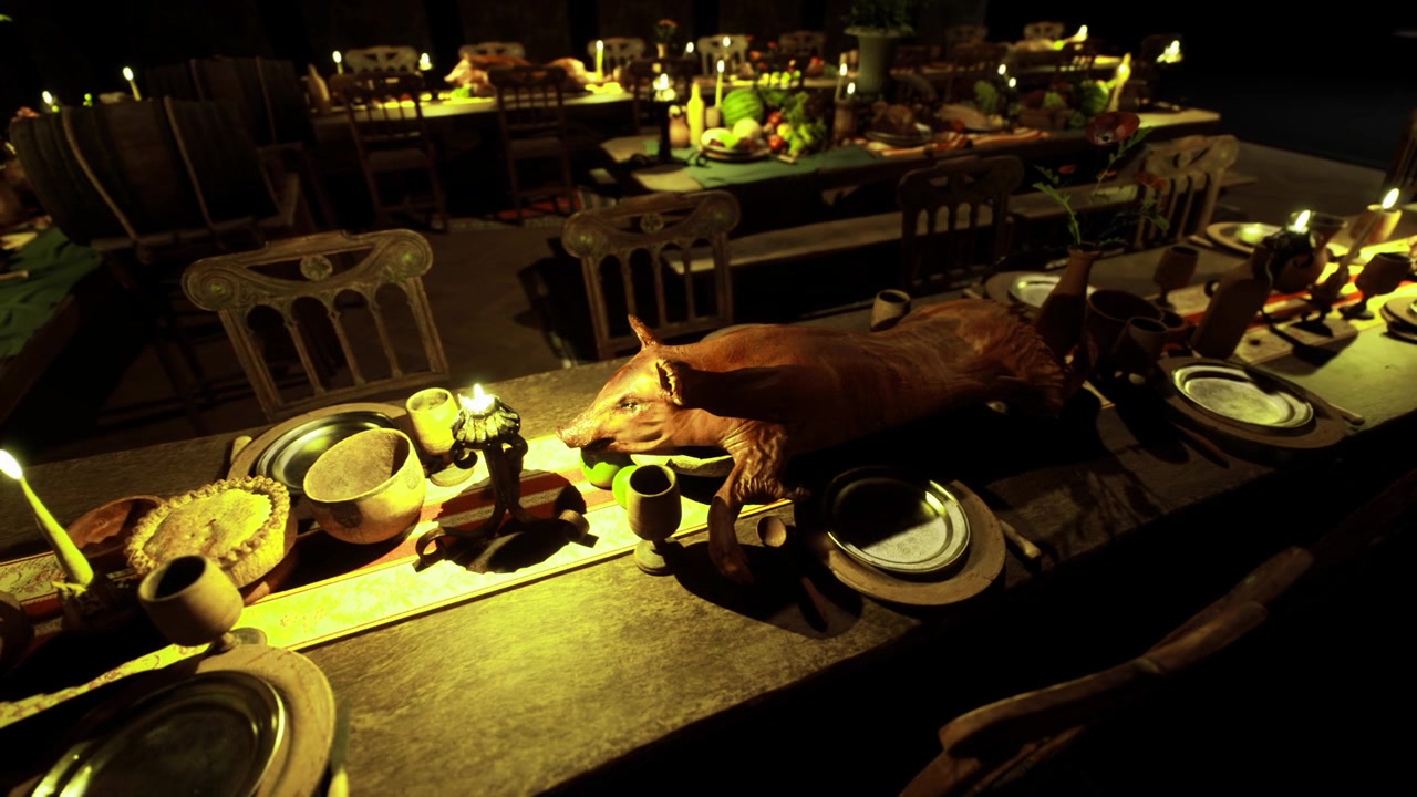 Enjoying hearty gathering with roasted meat and cheerful atmosphere