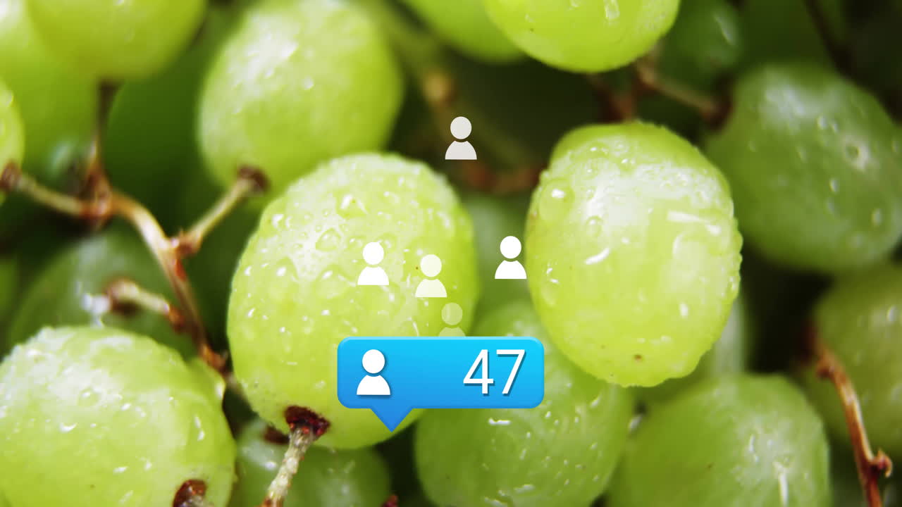 Social media notification animation over close-up of green grapes