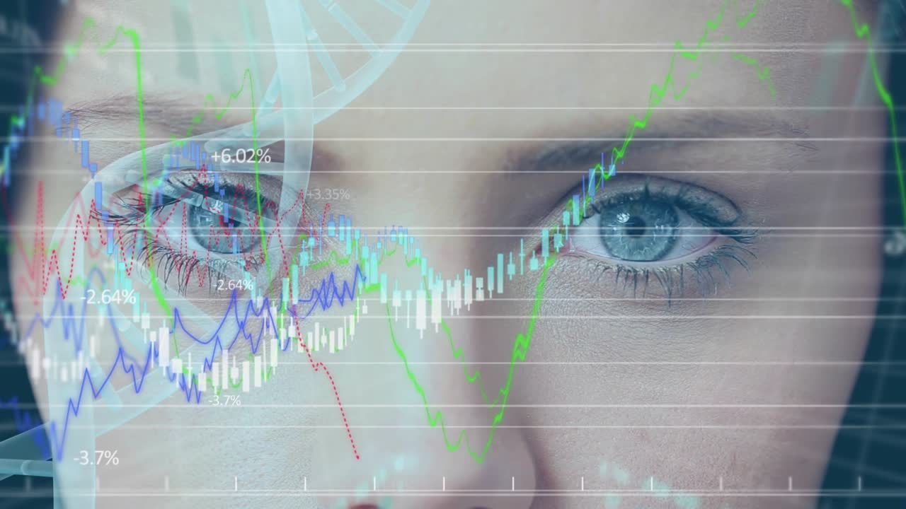 Animation of data processing over female eyes