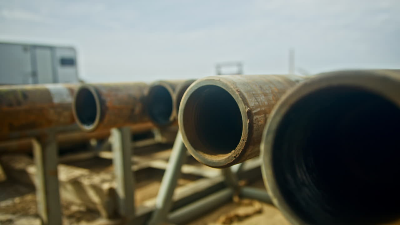 Looking inside the metal pipes with rifle. Equipment for oil or gas production. Close up.