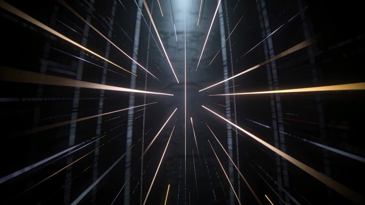 Si avvia una colonna luminosa, con una luce centrale che si estende lungo l'asta, creando movimento con fasci di luce LED, nervature e polvere.