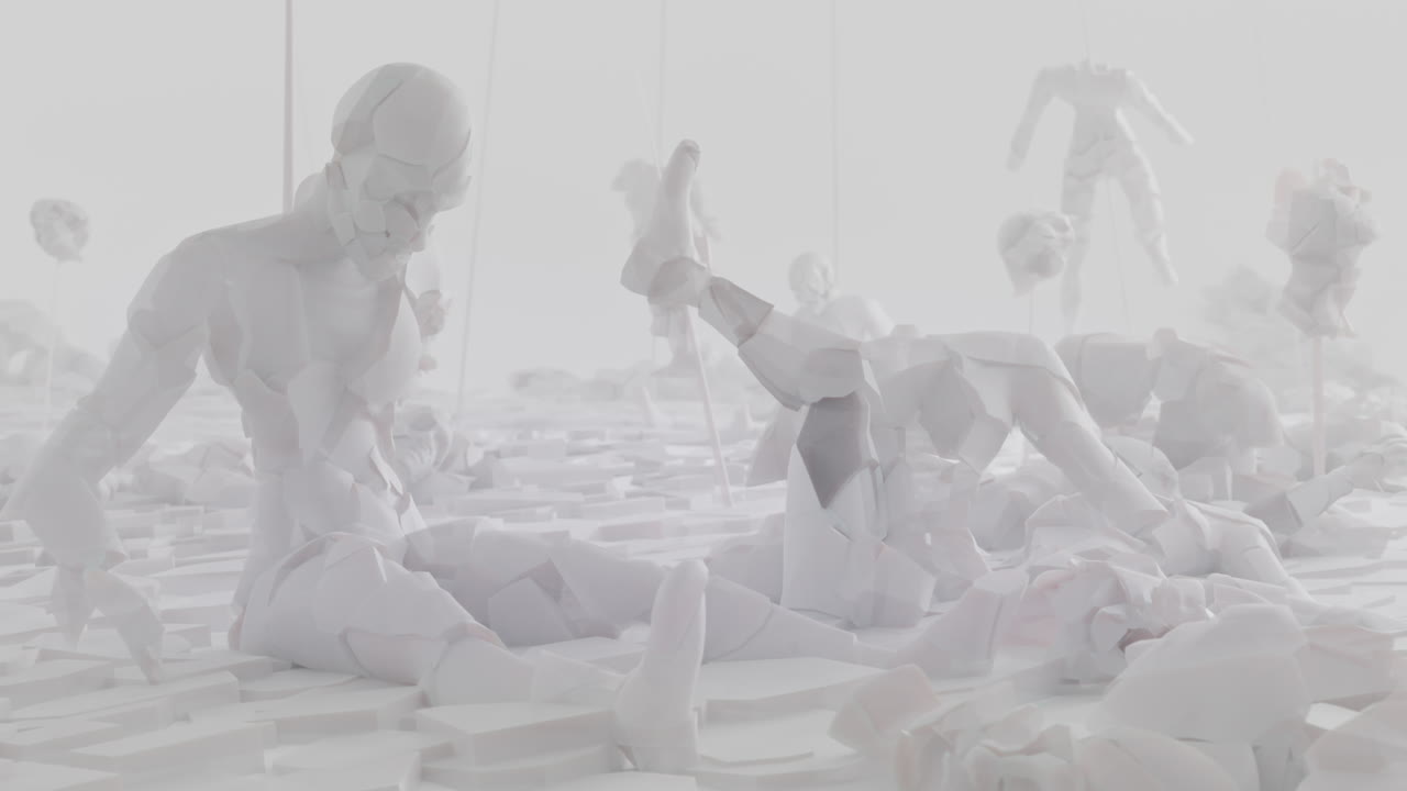 Broken android shells on a foggy junkyard