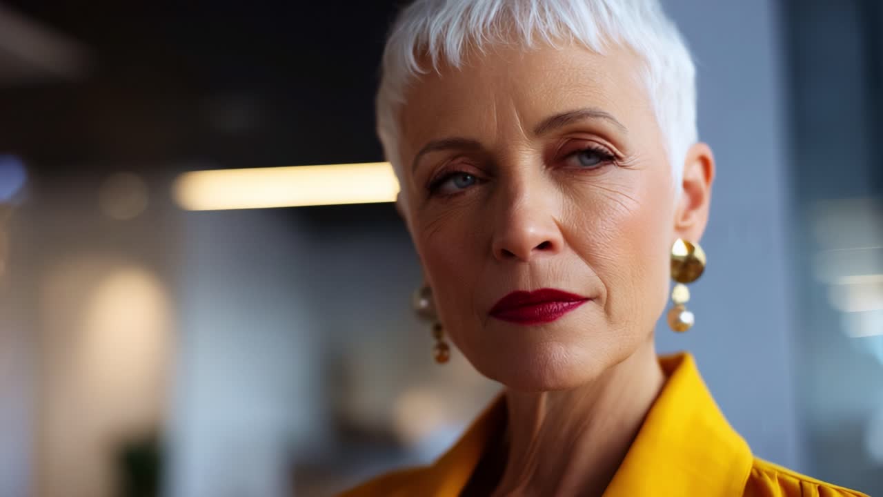 Una donna elegante con capelli corti color platino, orecchini vistosi e un rossetto audace trasuda sicurezza e compostezza in un ambiente moderno ed elegante, illuminato da luci soffuse.