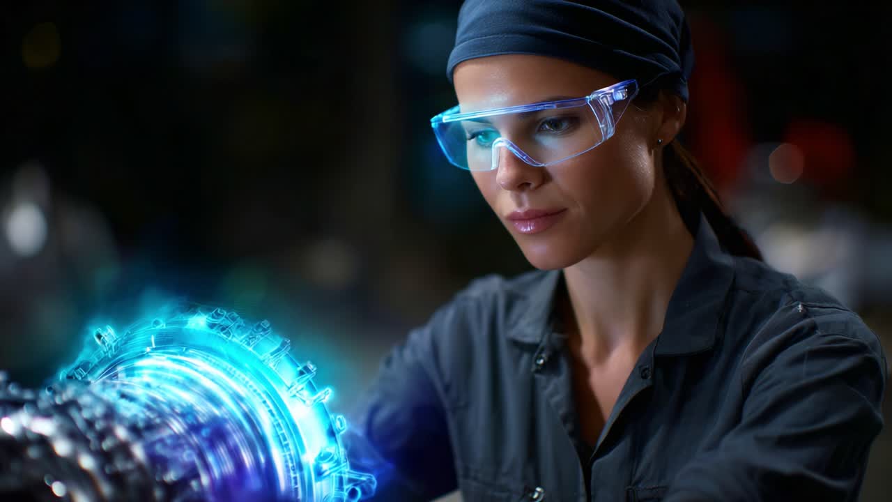 A focused engineer working on a futuristic machine, combining innovative technology and precision in a well-lit workshop, showcasing expertise and dedication