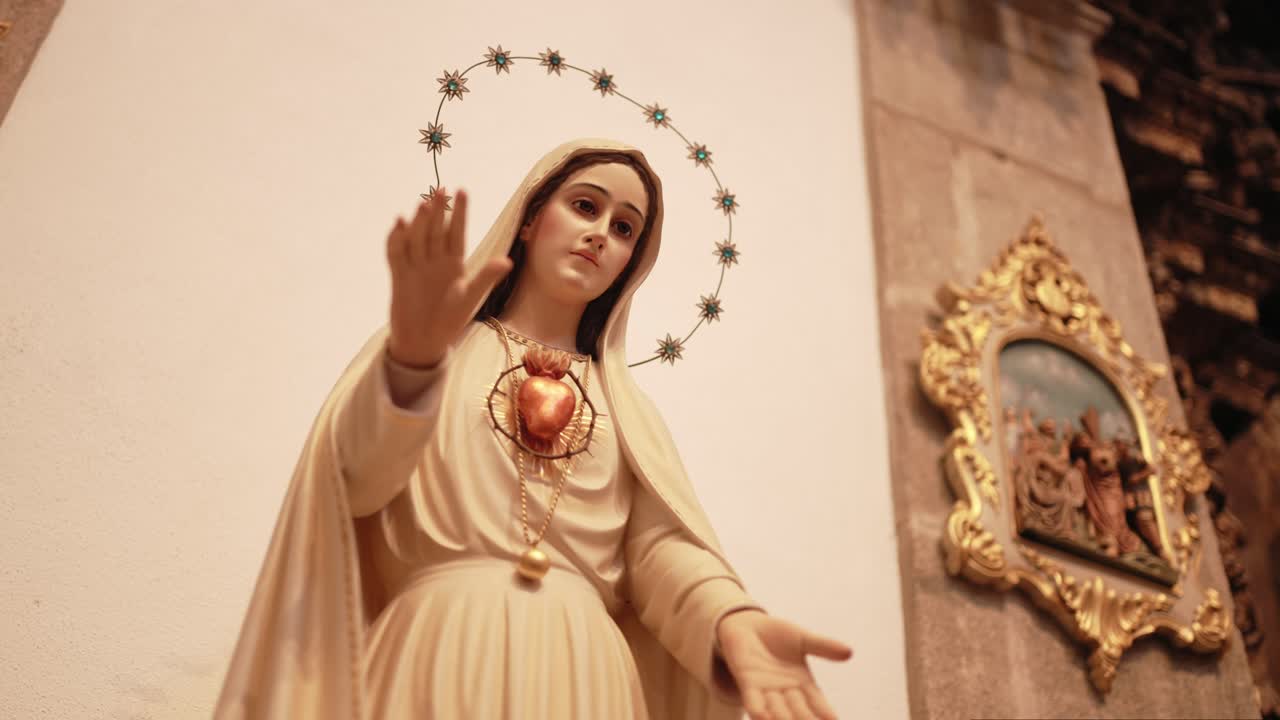 Low angle mid shot of a Sacred Heart Virgin Mary statue with open hands in a church interior