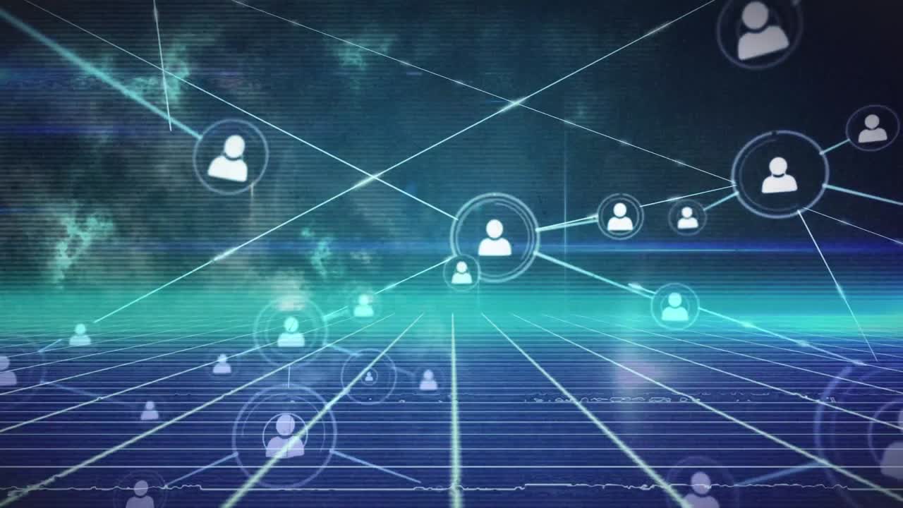 Animation of network of connections with icons over neon lines on black background