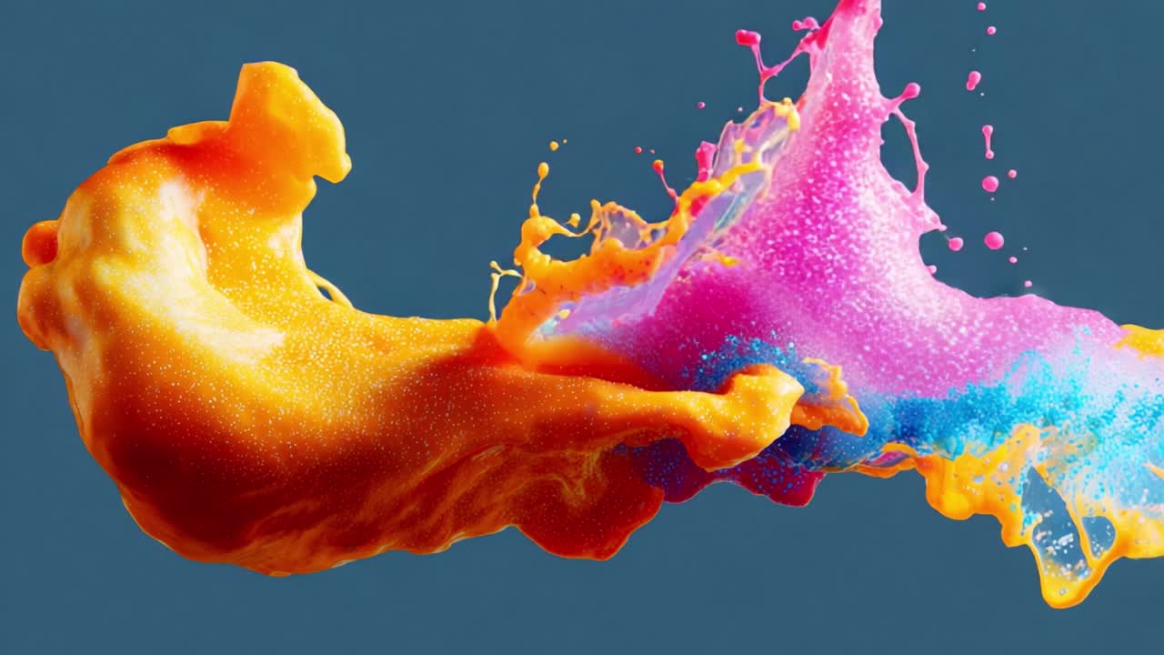 Dynamic Burst of Colorful Liquid Splashes Frozen in Time, Capturing the Vibrant Energy and Movement of Vivid Pigments and Water Droplets Against a Smooth Background