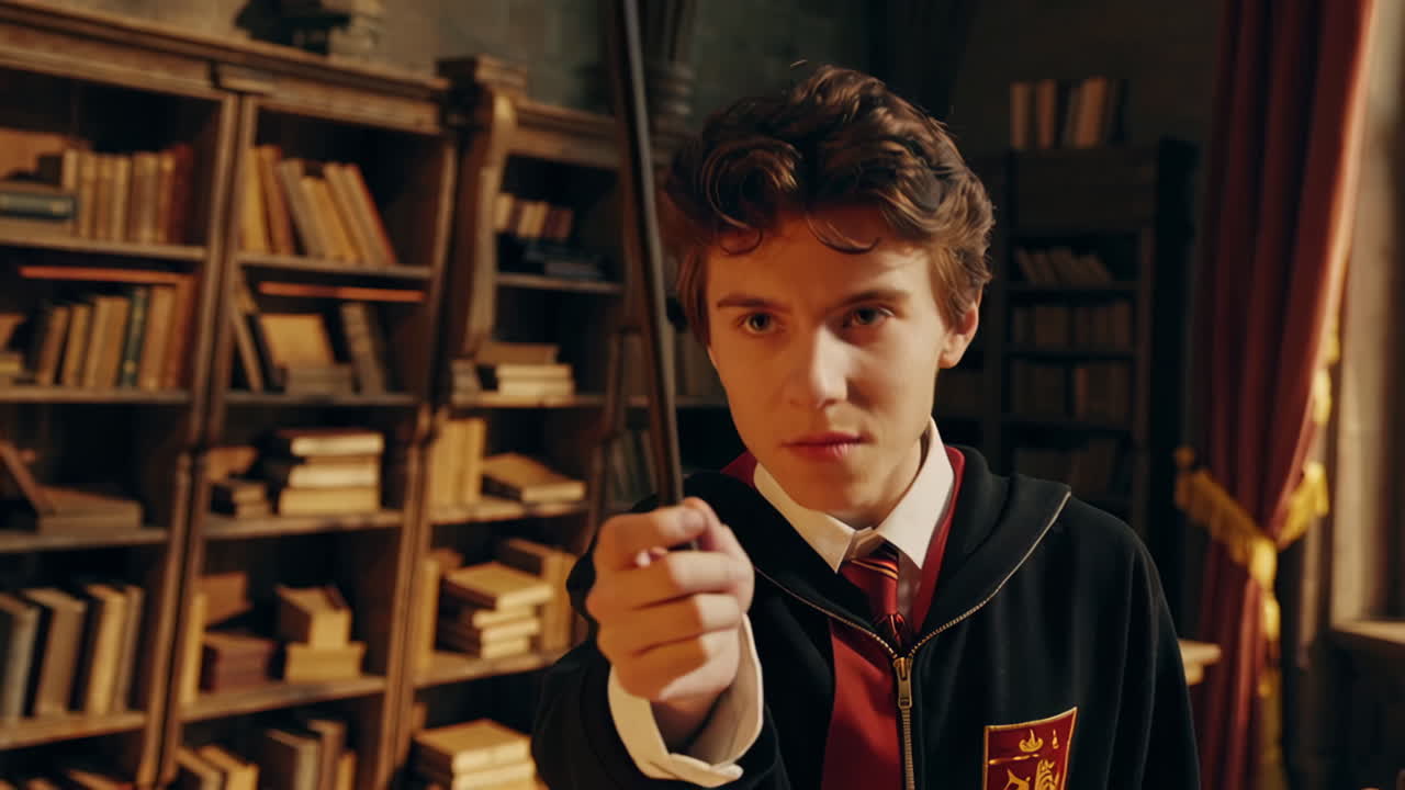 A young wizard in a magical school library