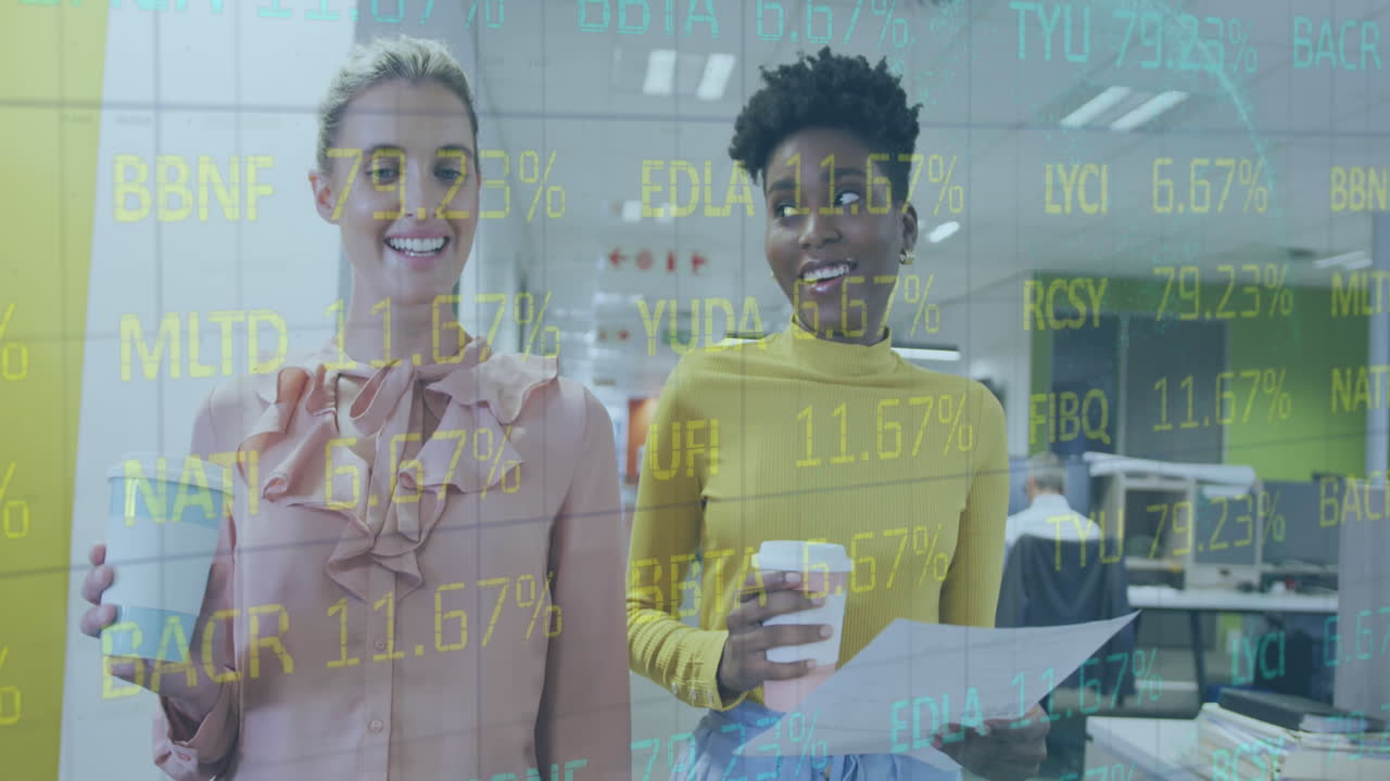Animation of financial data processing over diverse business people in office