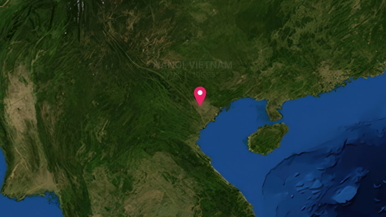 A smooth digital zoom transitions from a global earth map to Hanoi, Vietnam with pin