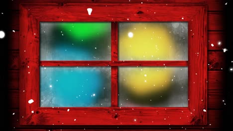 Animation-Von-Schnee,-Der-über-Weihnachtslichter-Fällt,-Die-Im-Winterfenster-Flackern