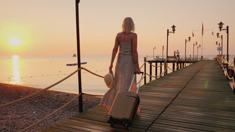 a woman in a developing dress is hurrying straight from the plane to the sea pier to enjoy peace and