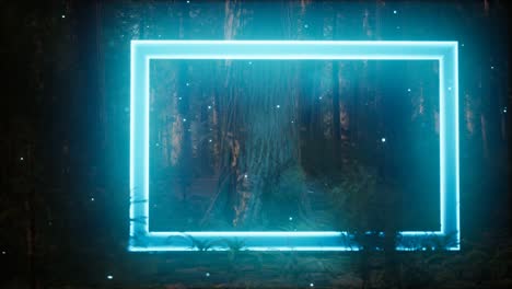 neon glowing rectangle frame in the night forest