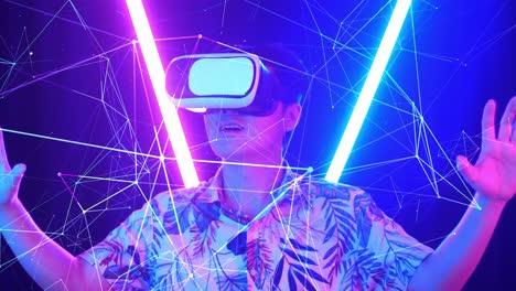 person wearing vr headset experiencing virtual reality with neon lights