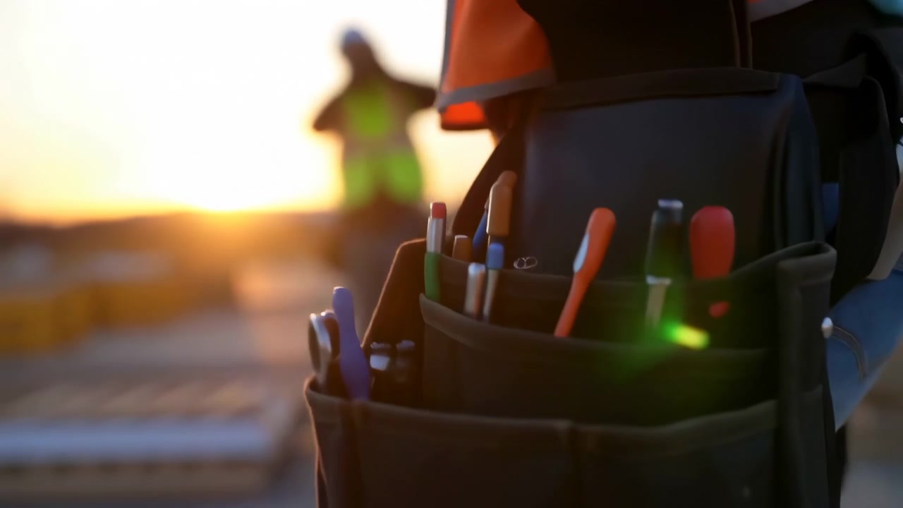 Close view keeps a black utility pouch with markers, pliers and other hand tools beside orange high-visibility clothing, while warm backlight and lens flare soften the worksite behind.