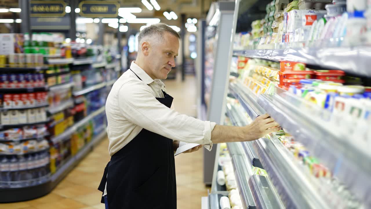 работник среднего возраста проверяет товары на полках в молочном отделе. инвентаризация. контроль товаров