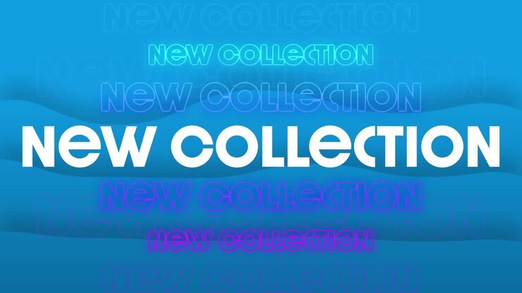 Animazione del testo "nuova collezione" in ripetizione su sfondo blu.