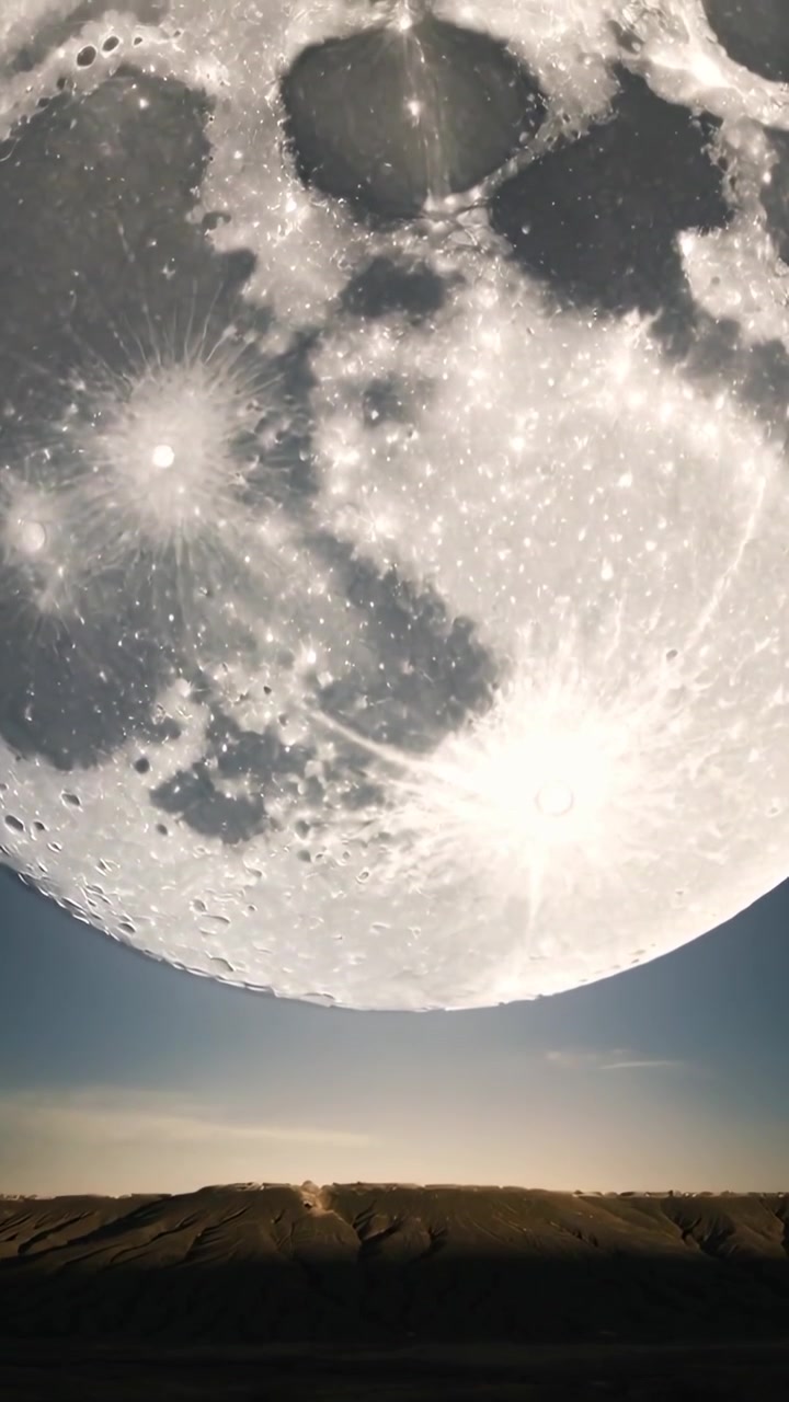 Vertical video: Sequence playing giant Moon shifting and enlarging over ridge, showing craters