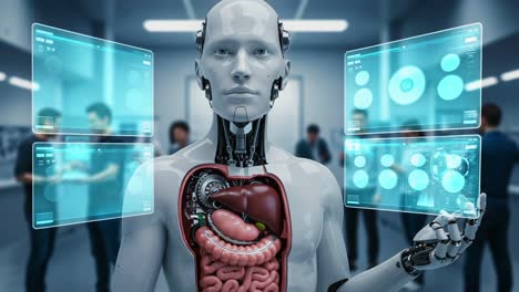 a futuristic robotic figure integrating advanced technology with a transparent body structure, showcasing internal organs and digital interfaces in a high-tech environment