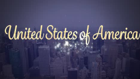 animation of united states of america text over cityscape