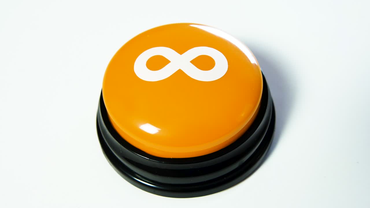 Woman pushing a glossy button with infinity symbol on white background. Mathematical symbol representing an infinitely large number. Concept of getting something for free forever. Lemniscate. No limit
