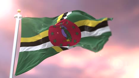 flag of dominica waving at wind at sunset in slow, loop