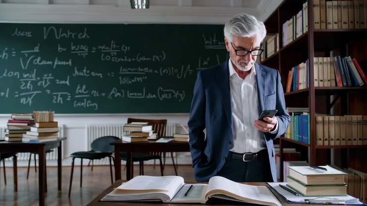 Professor bruger smartphone i et klasseværelse