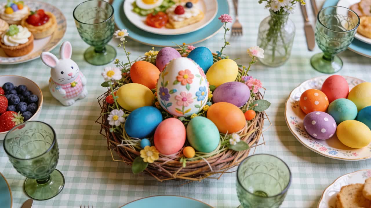 Moving camera pulling closer to wicker nest center at home table revealing hand-painted floral egg