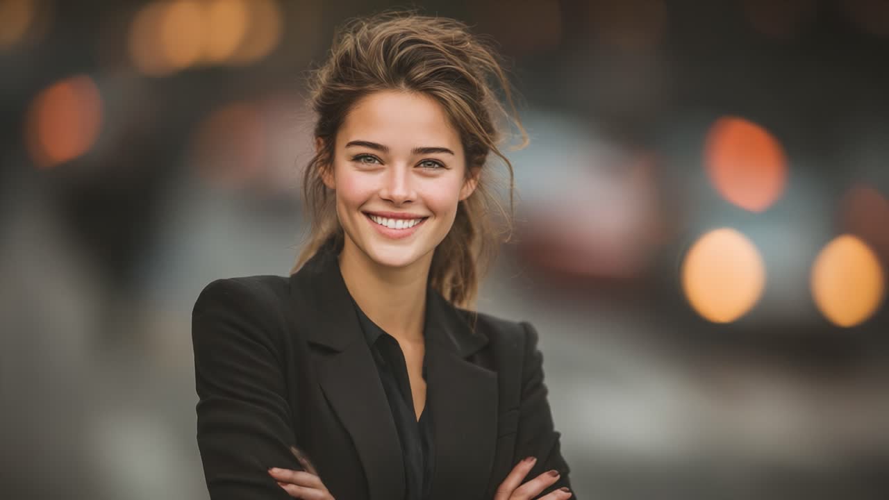 Una giovane donna sicura di sé sorride raggiante mentre si trova in un affollato incrocio urbano, catturando l'essenza della gioia e della determinazione in un ambiente cittadino dinamico.