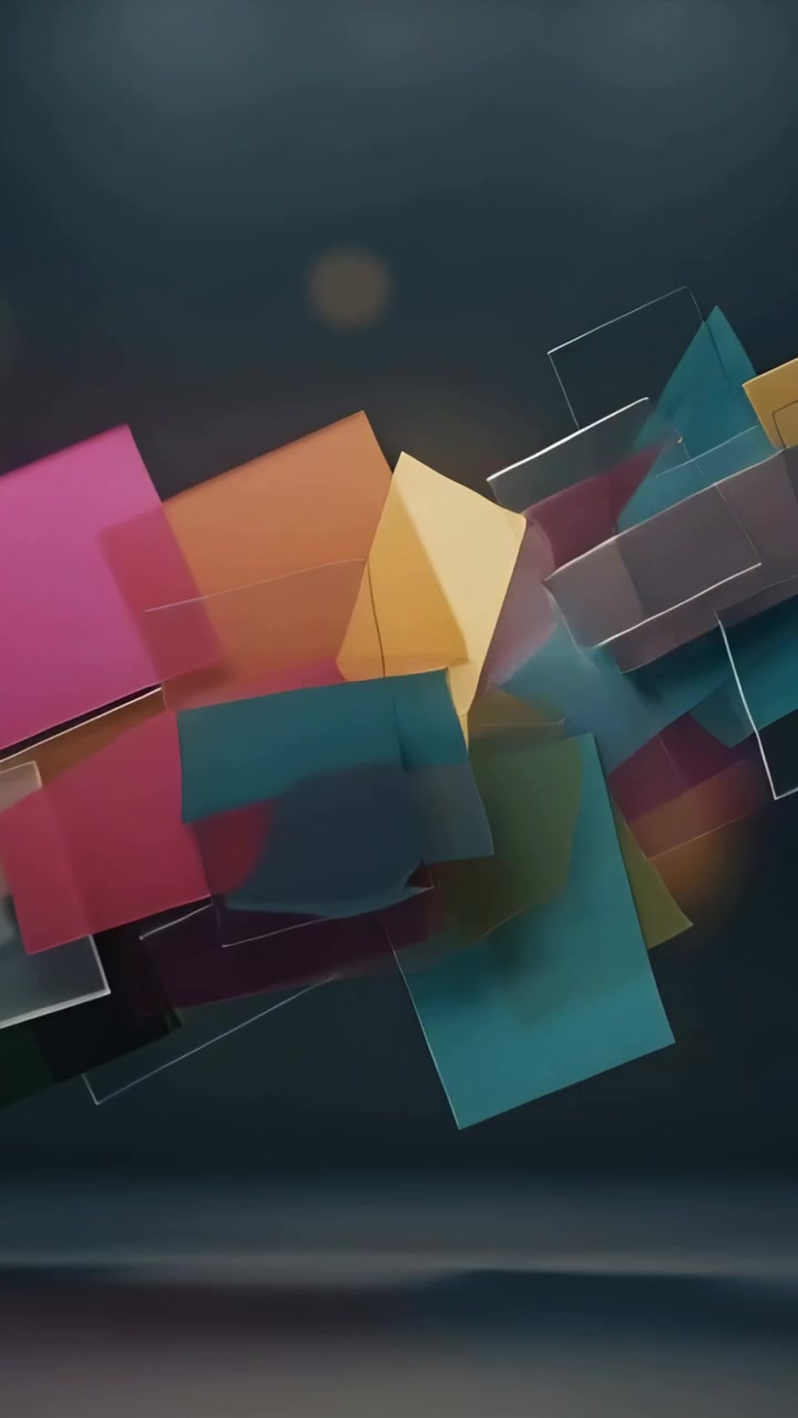 Video verticale: Animazione che inizia con pannelli colorati e trasparenti che si dividono, ruotano e si riformano in studio