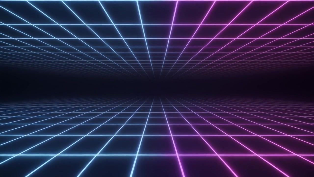 Sfondo a Griglia Synthwave Retrò con Linee al Neon Blu e Rosa