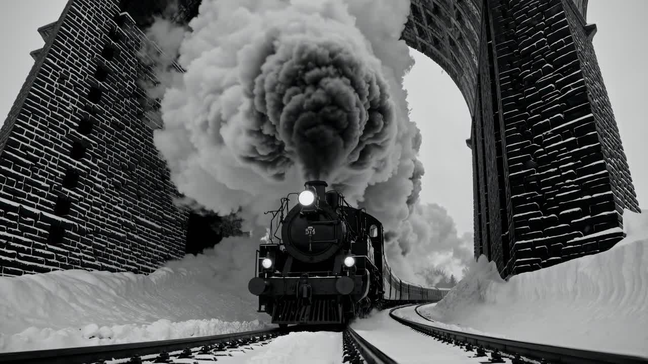 Dramatic black-and-white video still of a steam train under a towering bridge, captured from a low
