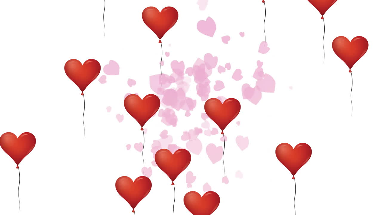 Palloncini a forma di cuore fluttuanti su coriandoli a forma di cuore rosa in animazione romantica