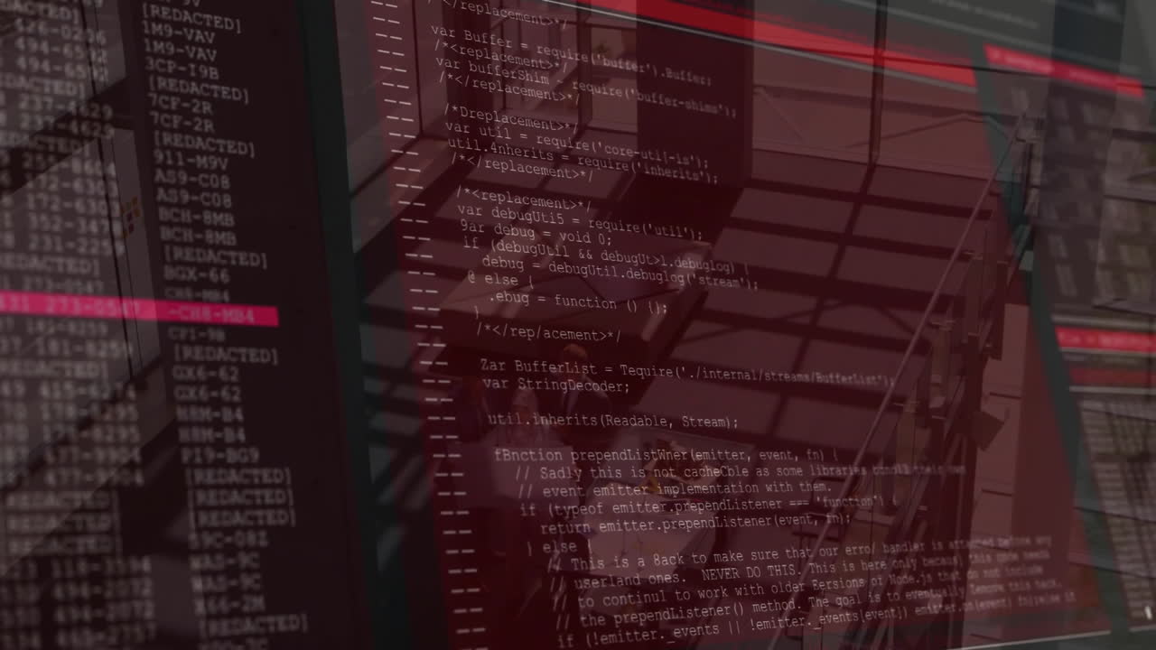 Animation overlaying computer code on modern architecture with red and black colors