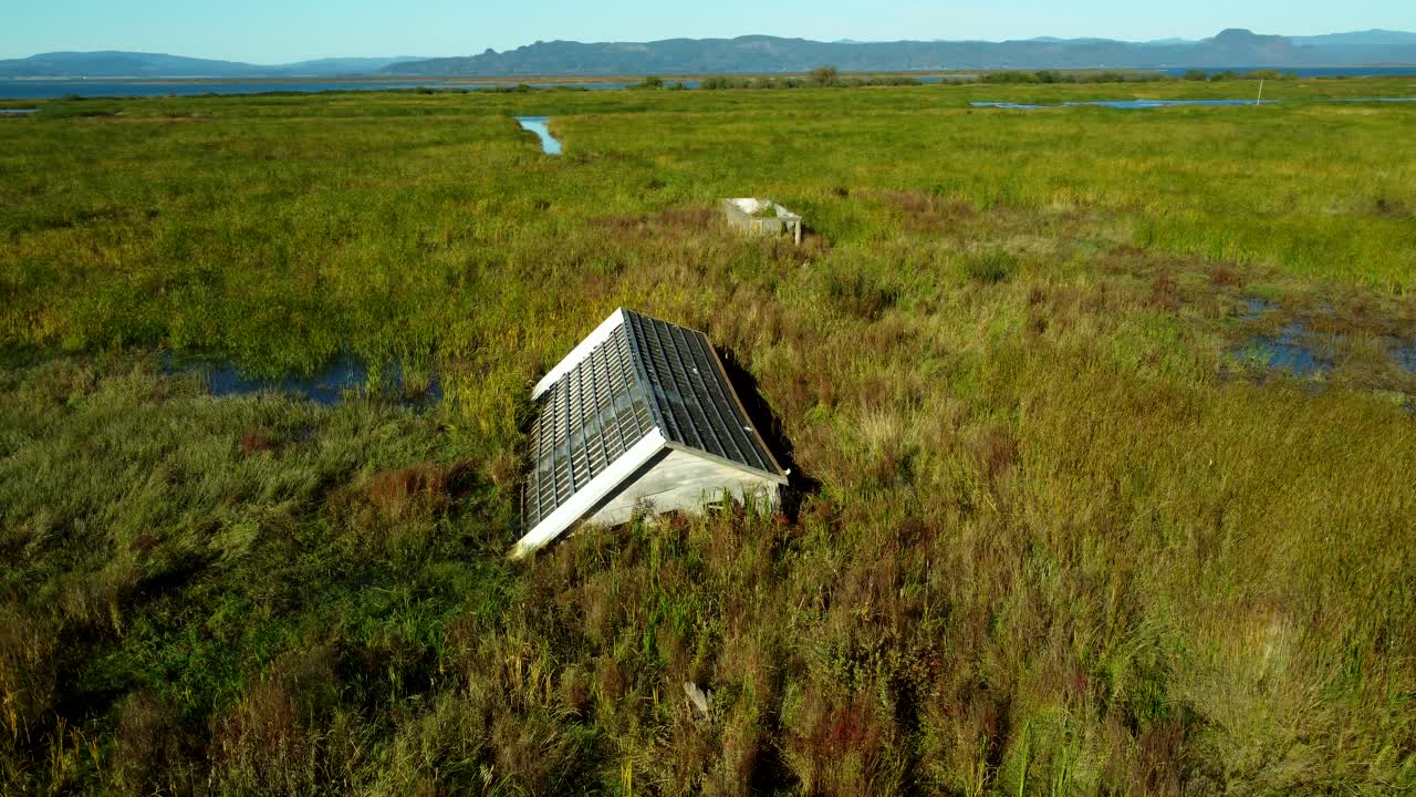 US, OR, Svenson, 2025-10-21 - Drone view of sunken and abandoned housees on an offshoot of the Columbia River near Astoria, Oregon in Fall