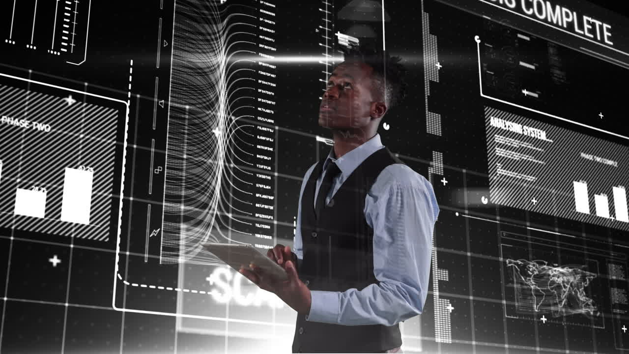 Young African American businessman using tablet and look at curves