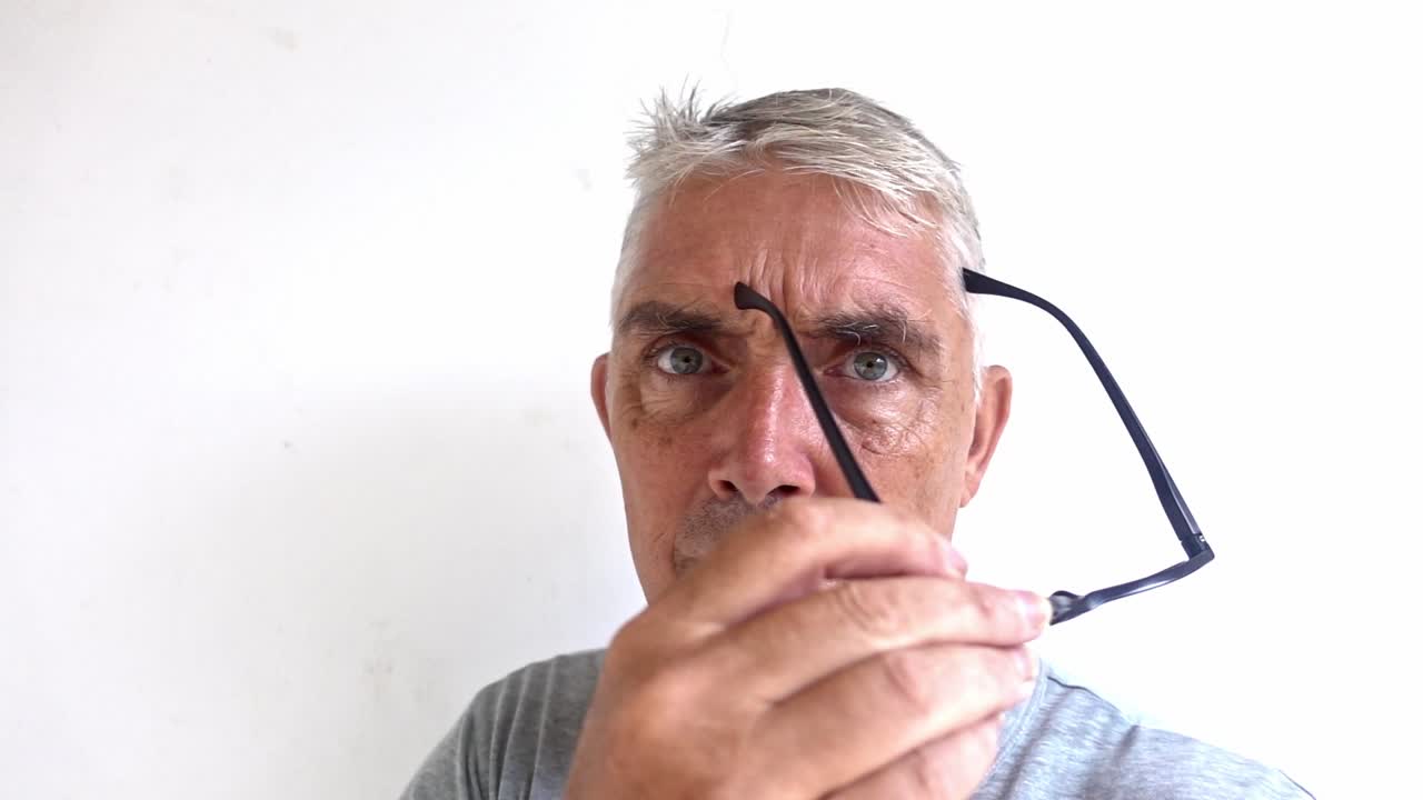 hombre blanco mirando atentamente a la cámara se pone sus gafas