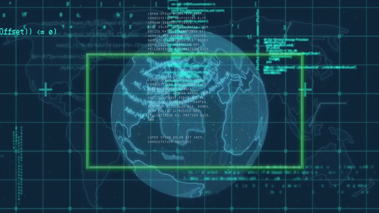 Animation of rectangle shape with rotating globe, map and computer language over grid pattern