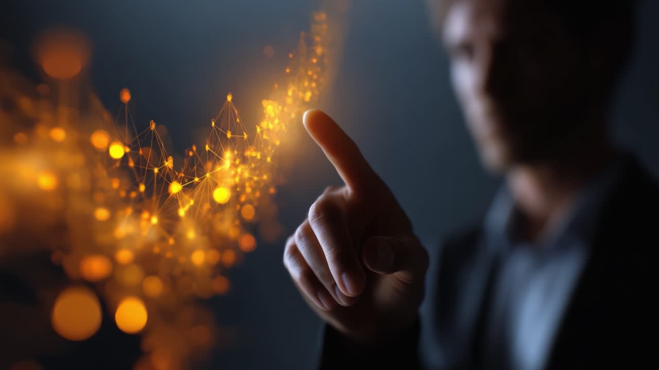Una persona interagisce con un'interfaccia digitale vivace, che mostra connessioni dinamiche e particelle luminose, a simboleggiare l'innovazione e il progresso tecnologico.
