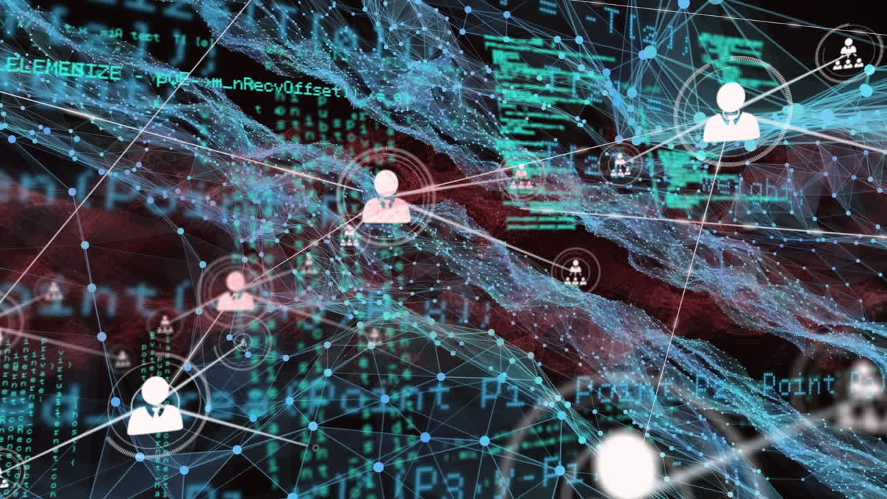 Animation of profile icons connecting dots with data processing on digital interface
